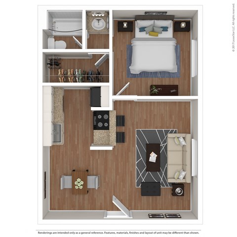 Floor plan for 1 bed, 1 bath, 553 sqft